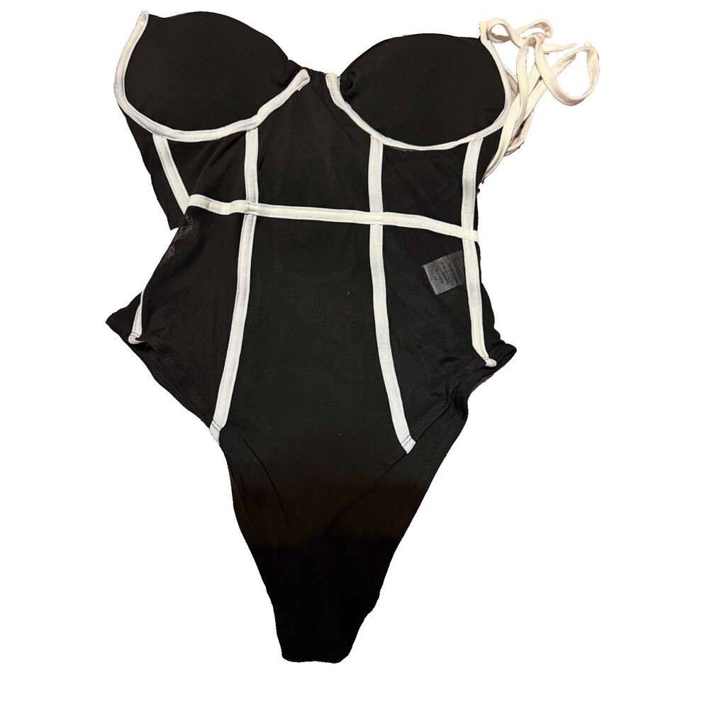 Fashion Nova More Life Black White Trim Bodysuit Corset Back NWT M
